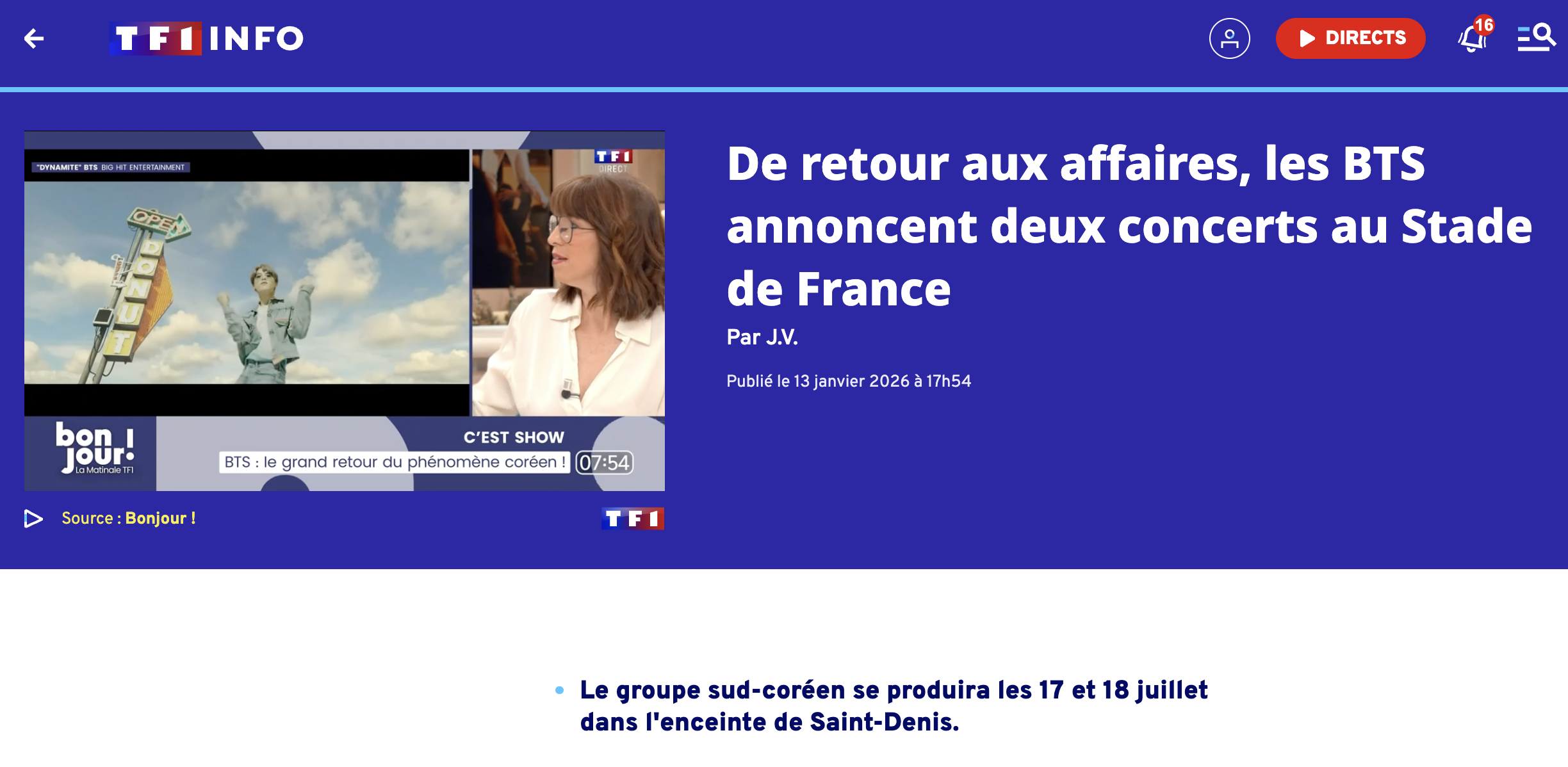 그룹 방탄소년단(BTS)의 컴백 활동 복귀 선언에 대해 다루고 있는 프랑스 아침 방송 –