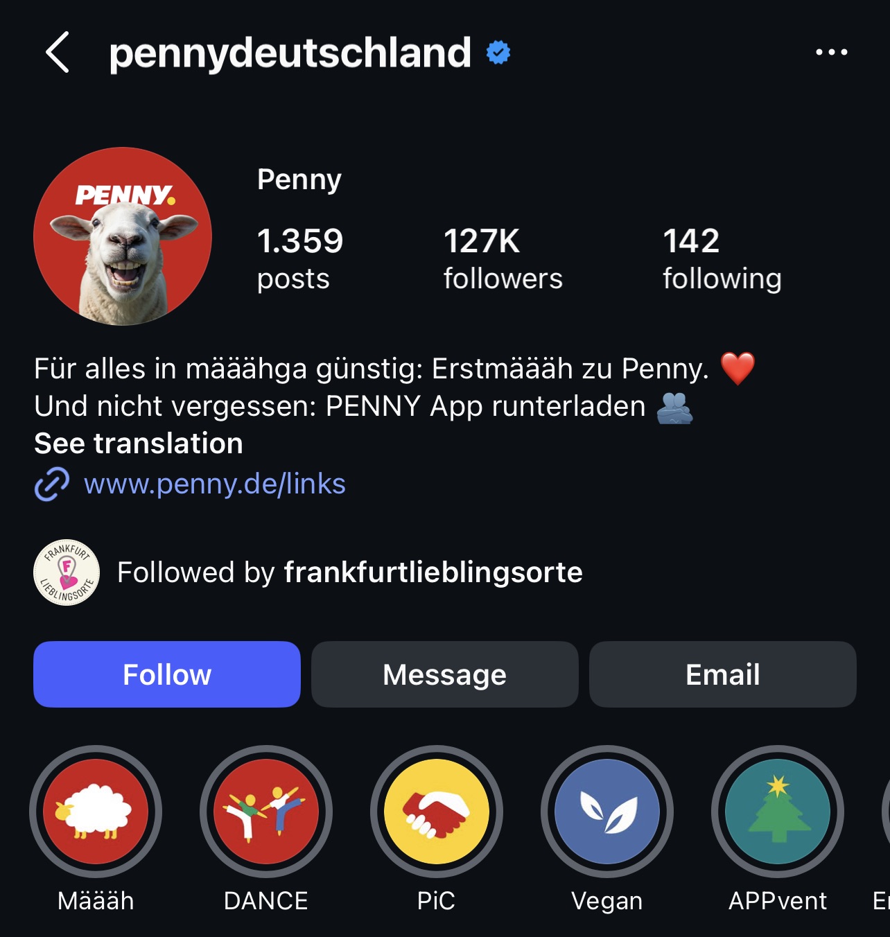 양 이미지가 삽입된 독일 '페니' 마트의 공식 인스타그램 계정의 프로필 사진