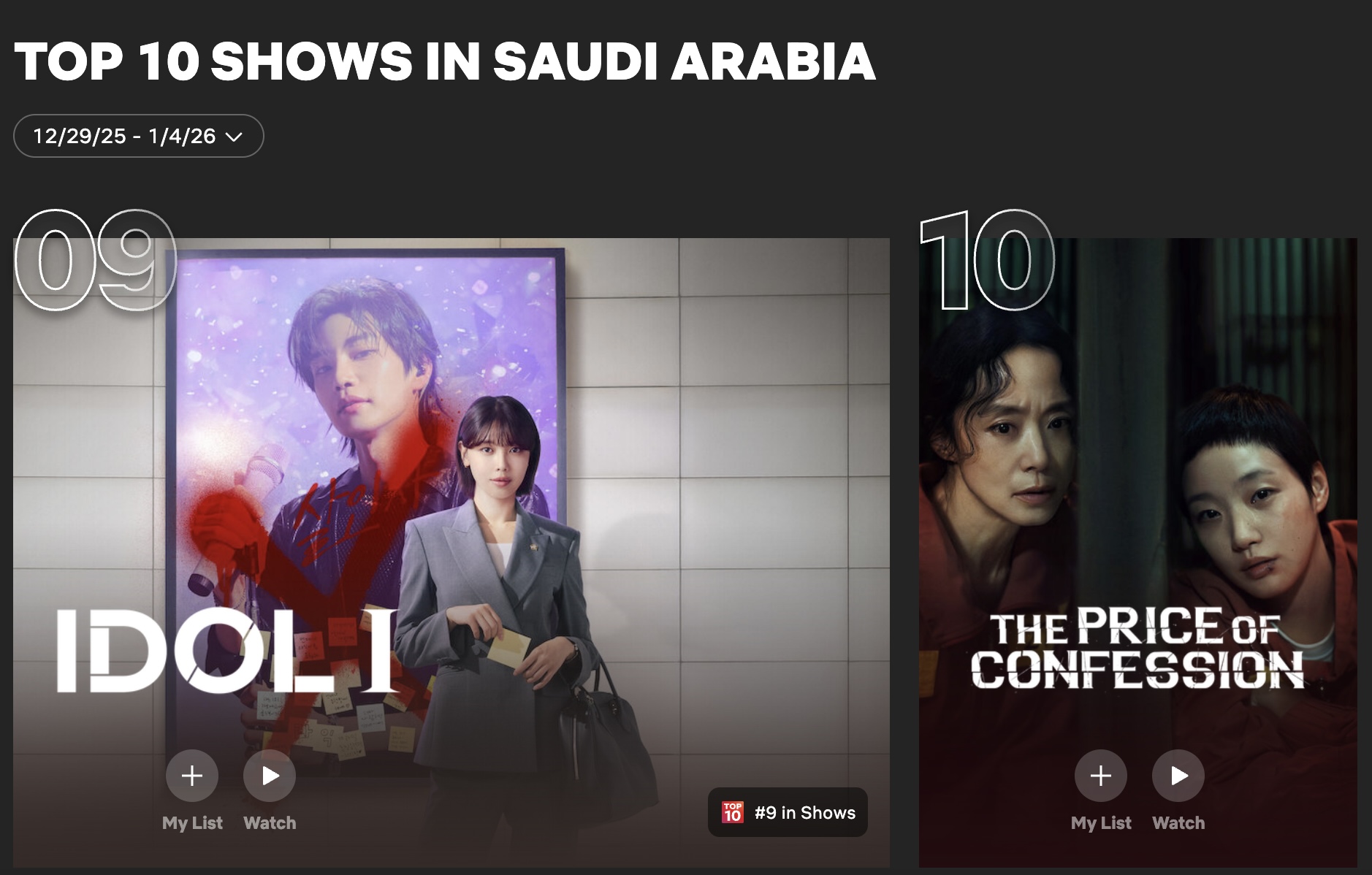  1월 2주차에 쇼부문 9위 '아이돌 아이', 10위 '자백의 대가
