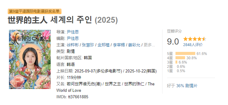 영화 '세계의 주인' 중국 더우반 평점 9.0 기록 화면