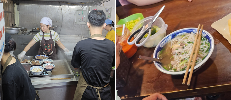  (좌) 하노이 현지 식당에서 쌀국수를 조리하는 주방 모습과 (우) 완성된 하노이식 쌀국수