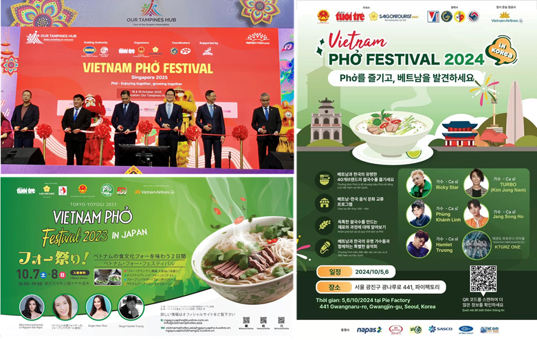 해외 ‘베트남 쌀국수 페스티벌’ 포스터 및 행사 현장 모습 (좌상단: 싱가포르, 좌하단: 일본, 우: 서울)