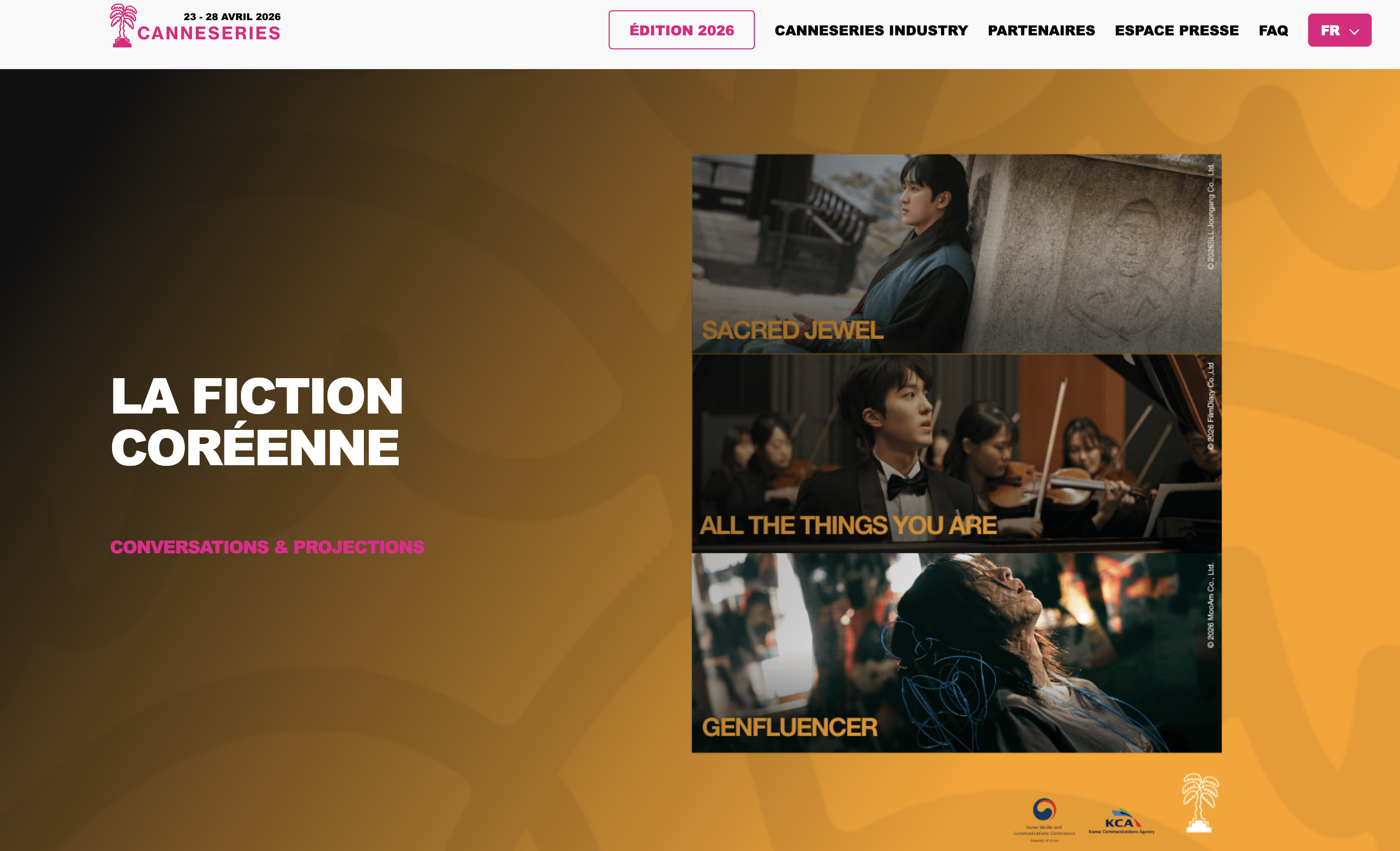 '한국 픽션(La fiction Coréenne)' 부문에 출품된 한국 드라마 작품 안내 화면 
        - 출처: 칸 시리즈(Canneseries) 공식 홈페이지