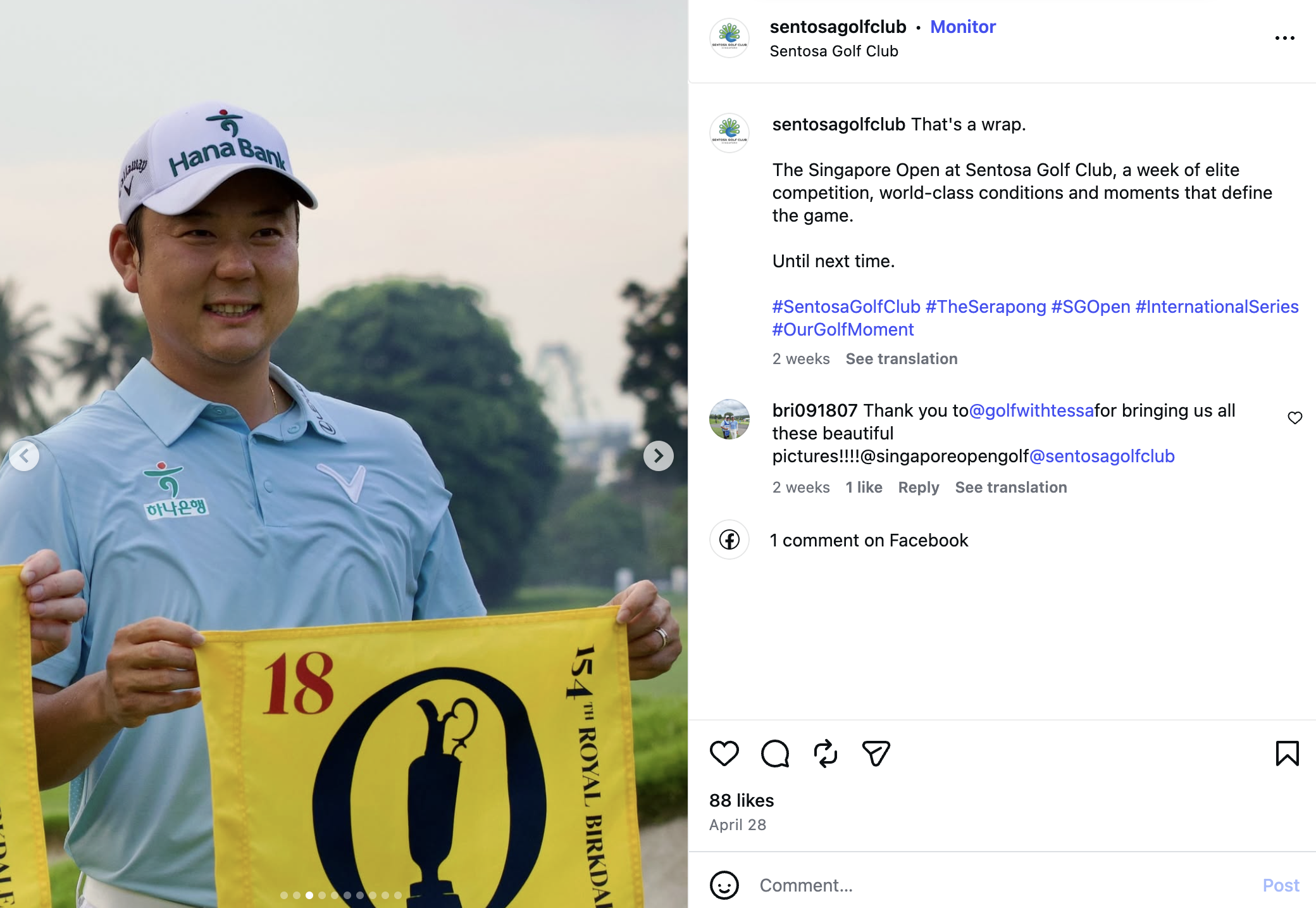 센토사 골프클럽 공식 인스타그램에 올라온 싱가포르 오픈 마무리 게시물 – 출처: Sentosa Golf Club Instagram