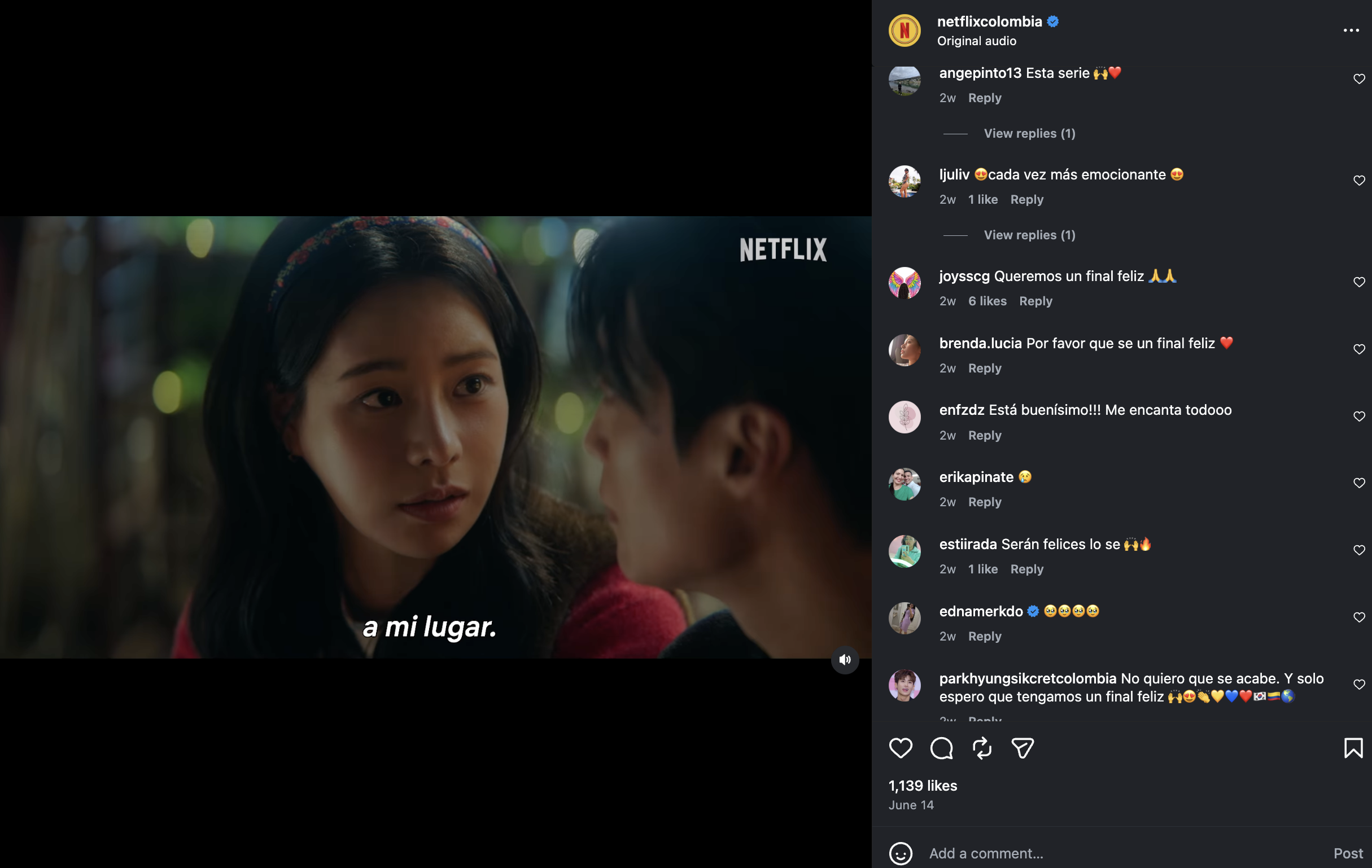 ‘멋진 신세계’ 현지 반응 댓글 1 - 출처 : 넷플릭스 콜롬비아 인스타그램 공식 계정(@netflixcolombia)