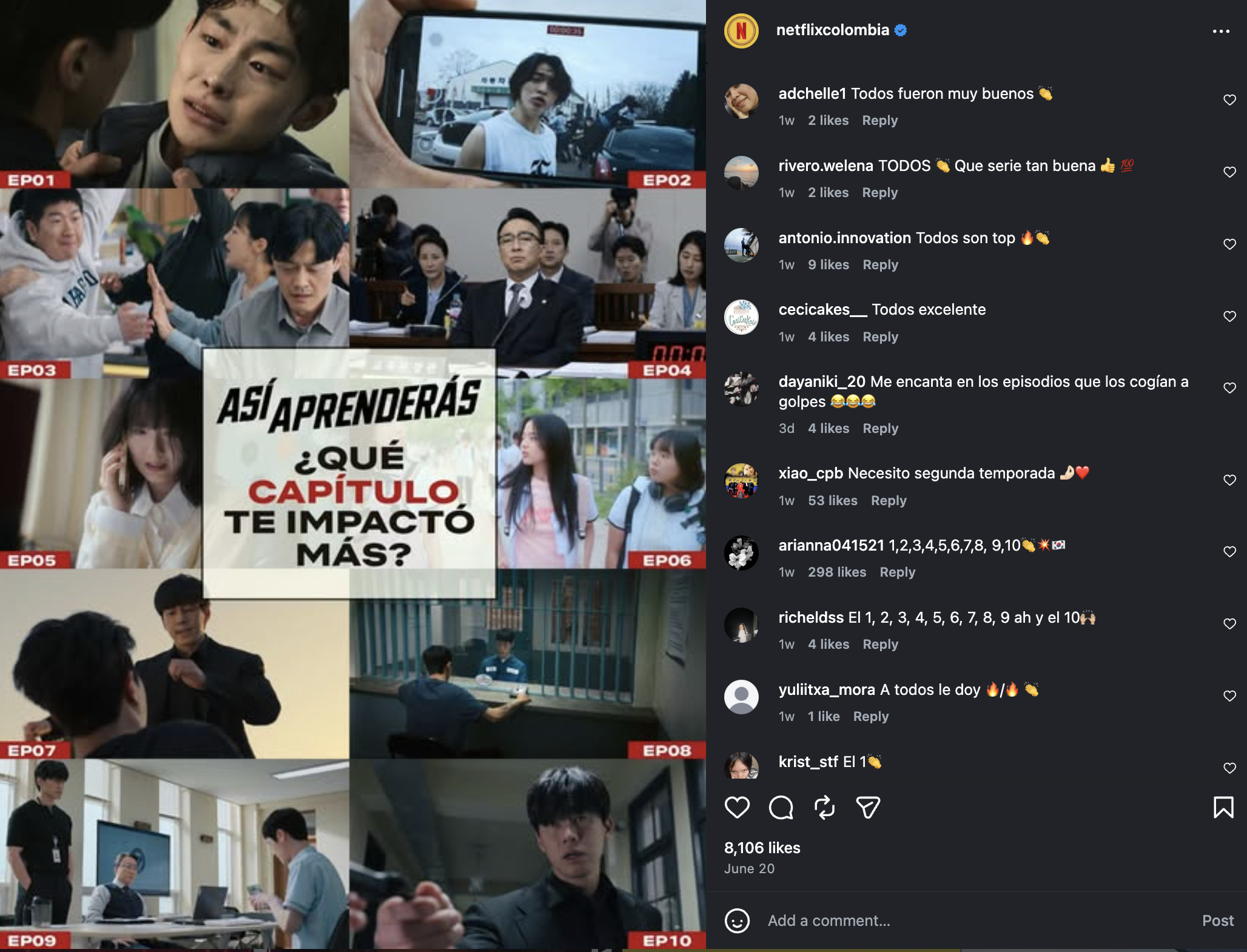 ‘참교육’ 현지 반응 댓글 - 출처 : 넷플릭스 콜롬비아 인스타그램 공식 계정(@netflixcolombia)