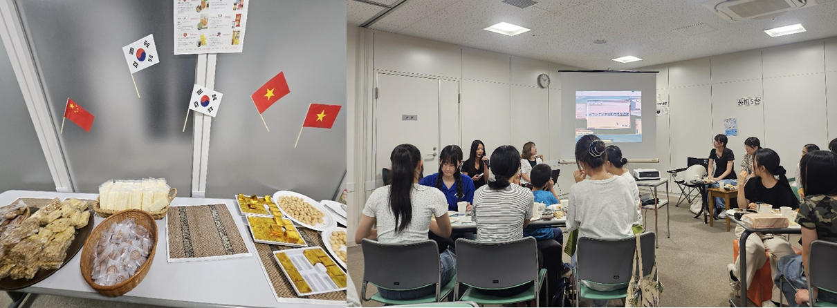 세계 각국의 과자를 맛보면서 봉사활동 설명회를 듣는 일본인 학생들