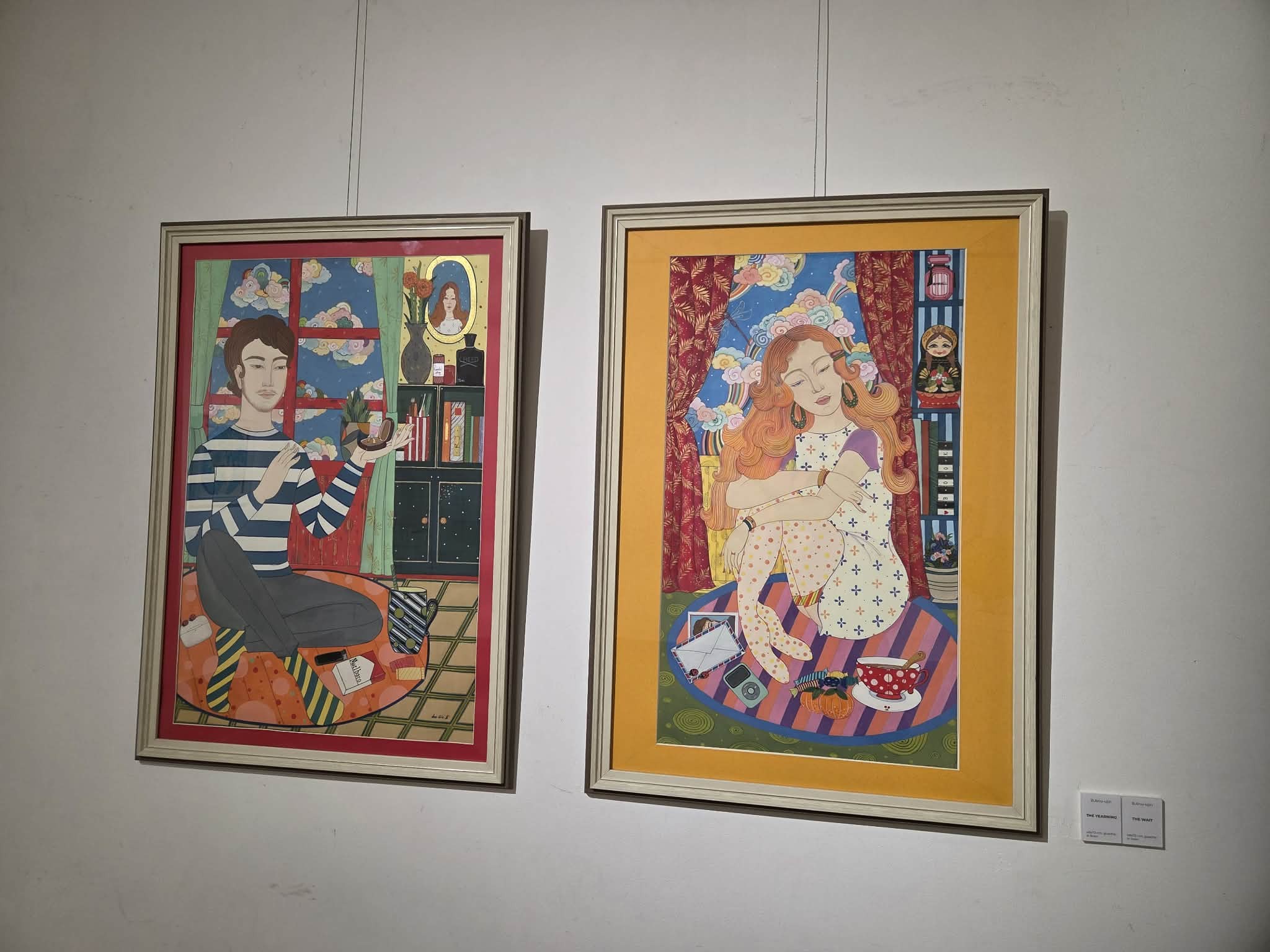  ‘B.Anu-Ujin’ 작가, ‘더 이어닝(The Yearning)’ (46x72, 리넨에 수채), ‘더 웨이트(The Wait)’ (46x72, 리넨에 수채) – 출처: 통신원 촬영