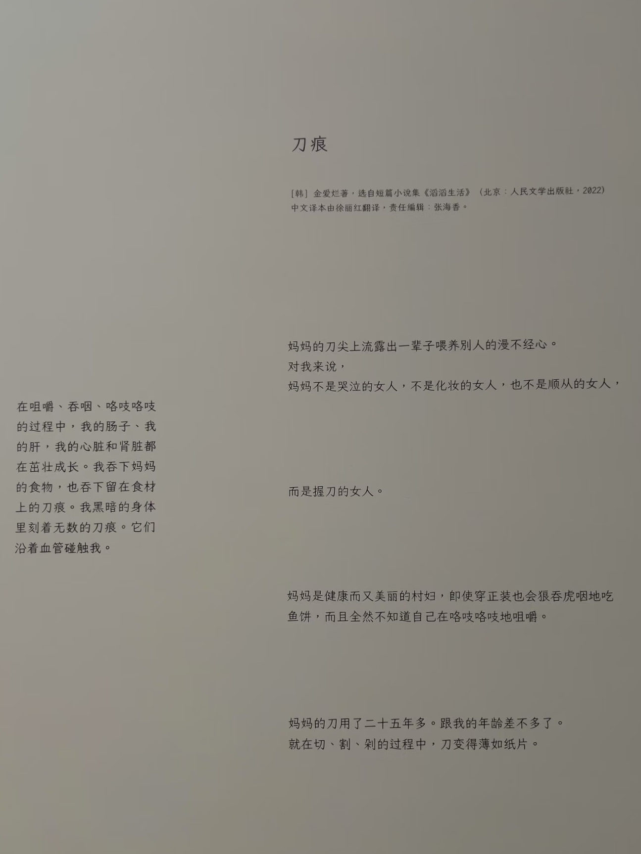 김애란 작가의 단편 소설 ’칼자국’의 내용 일부가 전시되어 있다