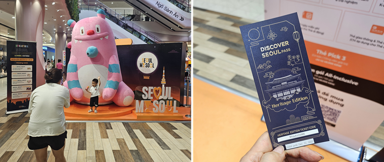 (좌) 서울시 마스코트 ‘해치’ 앞에서 사진을 찍는 현지 방문객 / (우) 외국인 전용 관광패스 ‘디스커버서울패스 헤리티지 에디션