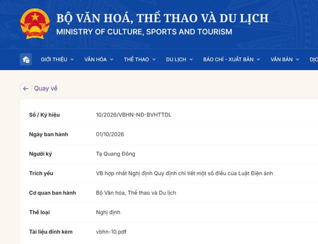 베트남 문화체육관광부 홈페이지에 게시된 영화법 시행령 통합본 발행 정보